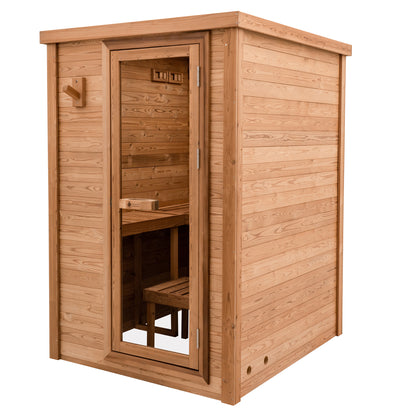 Redwood Outdoors Haven 3 person indoor sauna, made of hemlock wood with a glass door, exterior front angle view.