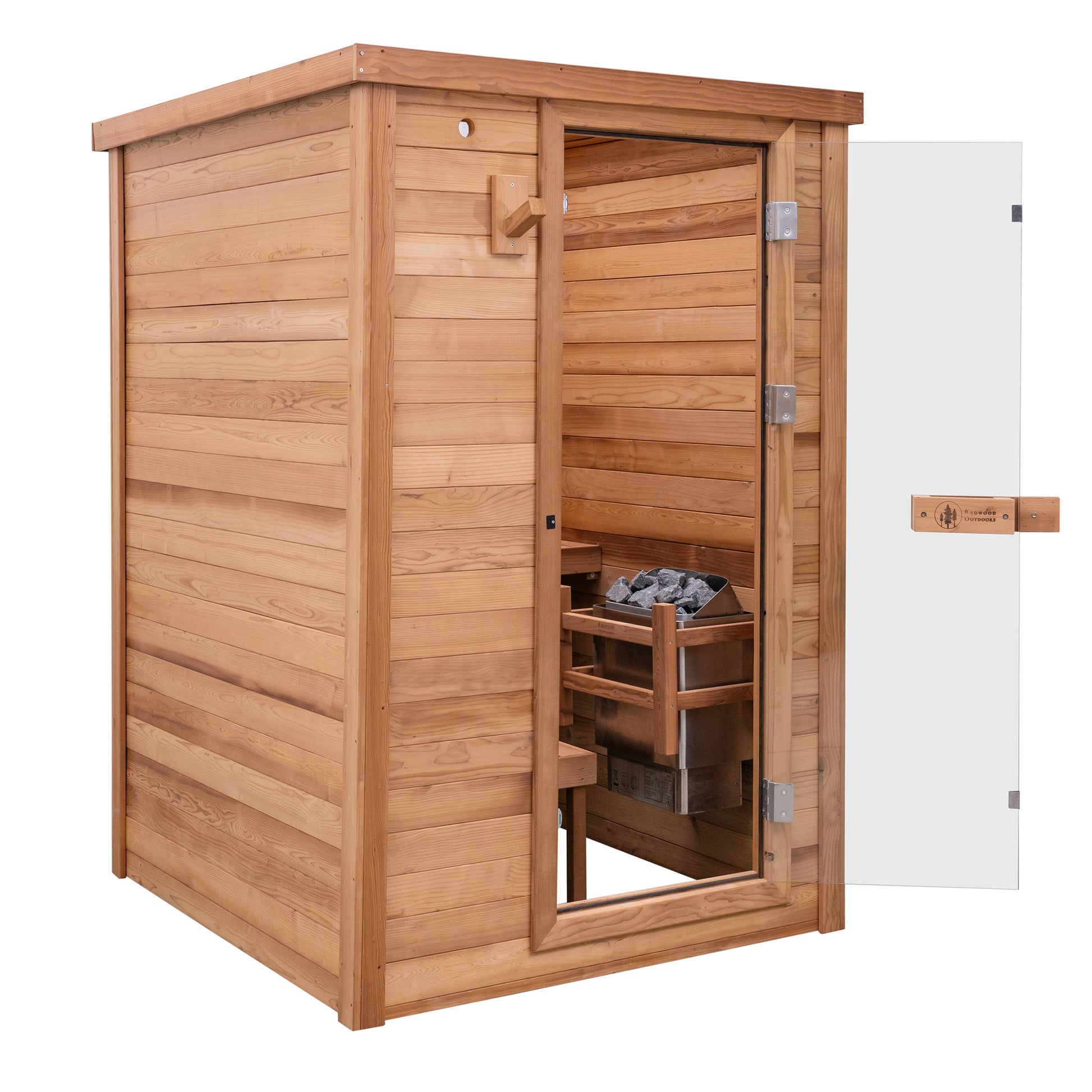 Redwood Outdoors Haven 3 person indoor sauna, made of hemlock wood with a glass door, exterior front angle view