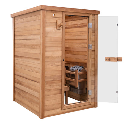 Redwood Outdoors Haven 3 person indoor sauna, made of hemlock wood with a glass door, exterior front angle view