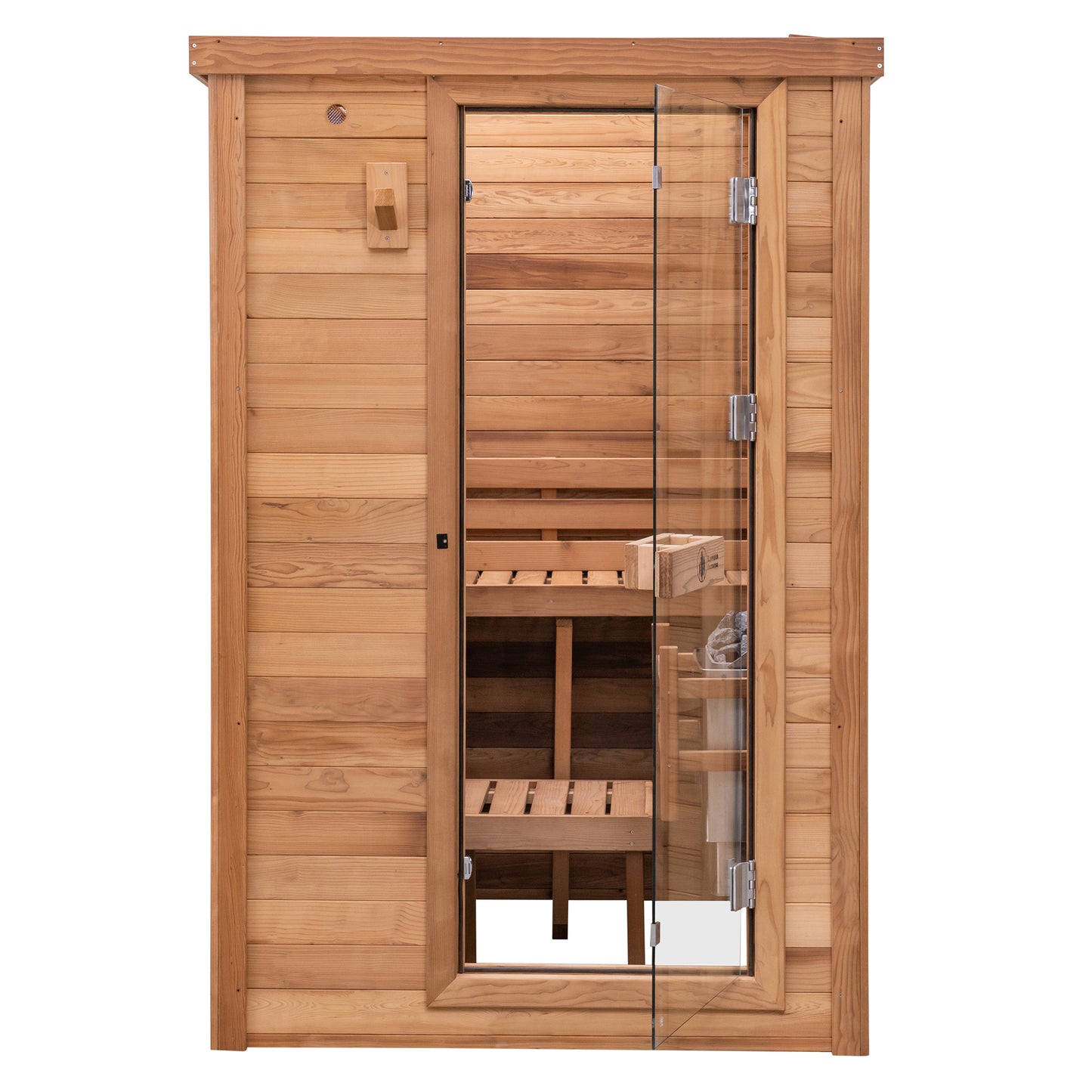 Redwood Outdoors Haven 3 person indoor sauna, made of hemlock wood with a glass door, exterior front view
