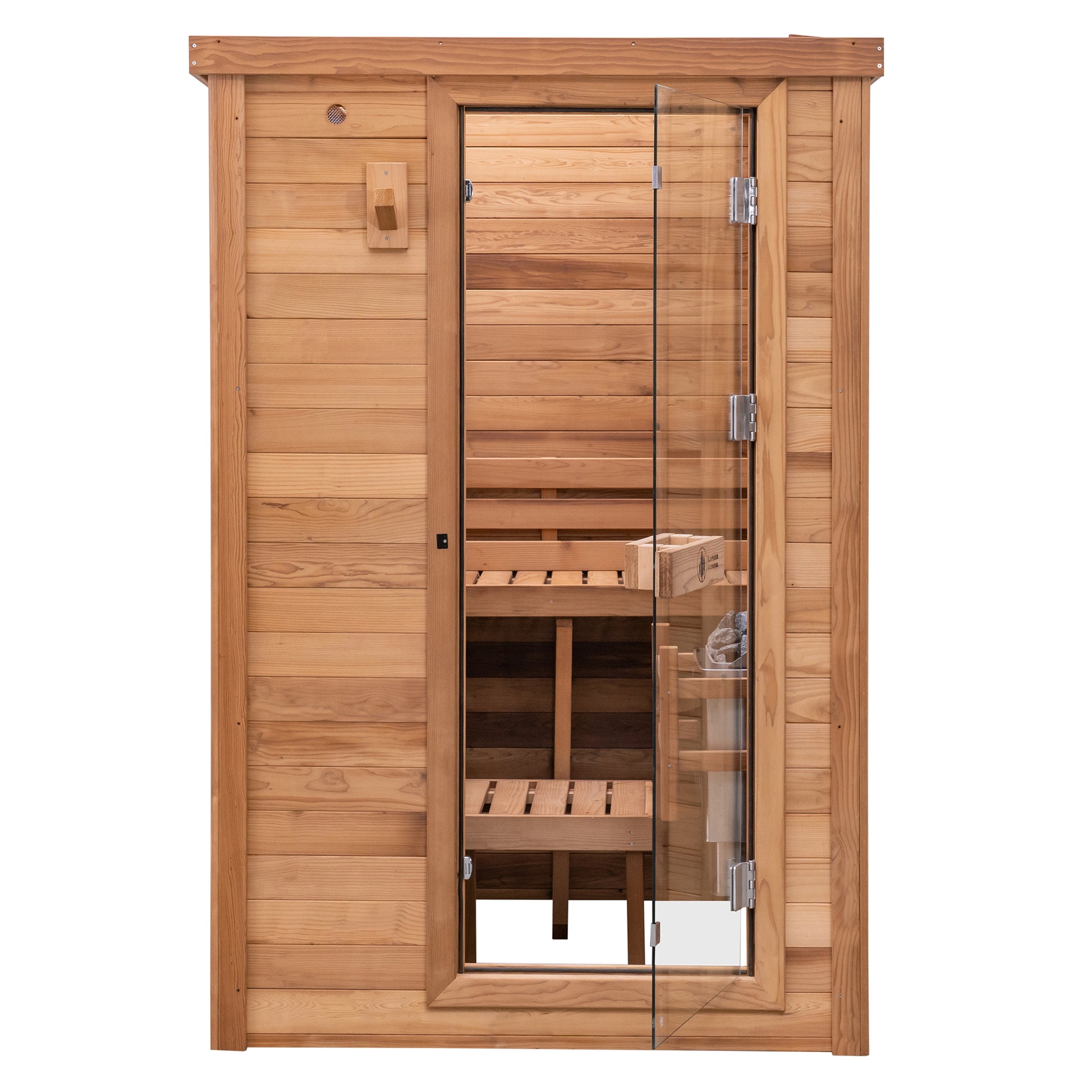 Redwood Outdoors Haven 3 person indoor sauna, made of hemlock wood with a glass door, exterior front view