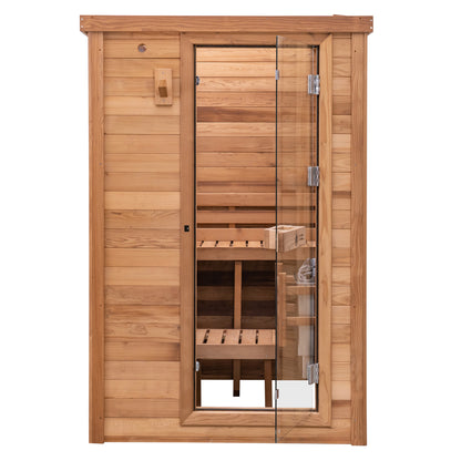 Redwood Outdoors Haven 3 person indoor sauna, made of hemlock wood with a glass door, exterior front view