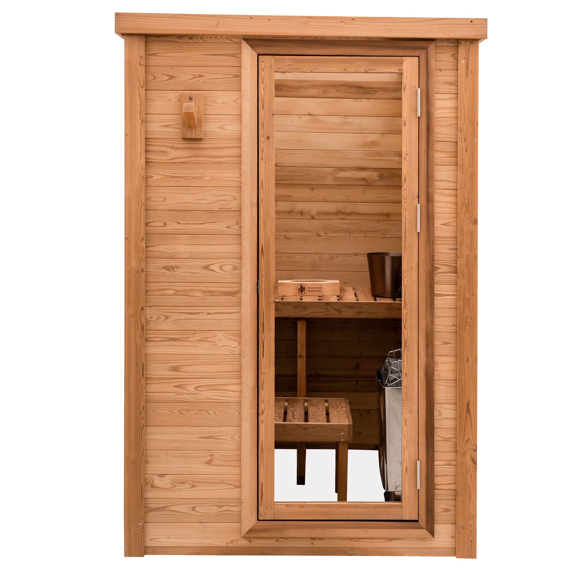 Redwood Outdoors Haven 3 person indoor sauna, made of hemlock wood with a glass door, exterior front view.
