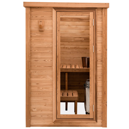 Redwood Outdoors Haven 3 person indoor sauna, made of hemlock wood with a glass door, exterior front view