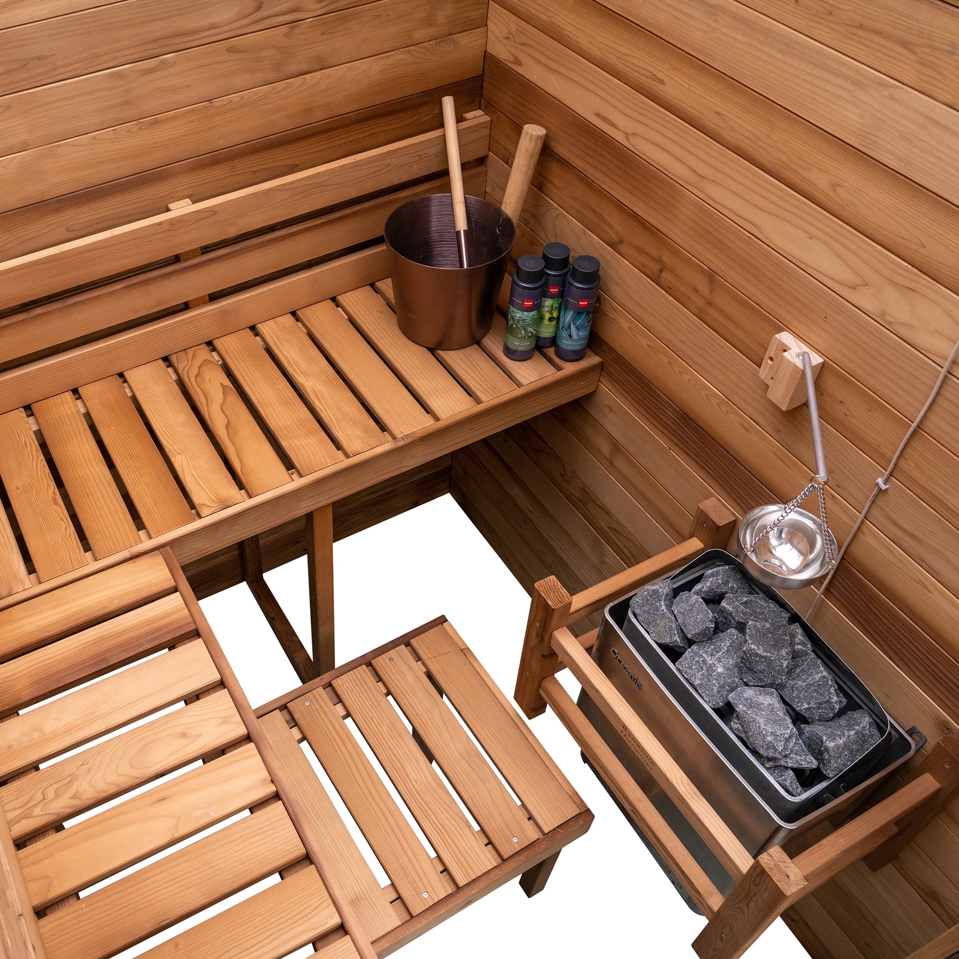 Redwood Outdoors Haven 3 person indoor sauna, made of hemlock wood interior view from above with benches and heater