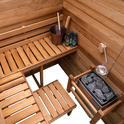 Redwood Outdoors Haven 3 person indoor sauna, made of hemlock wood interior view from above with benches and heater