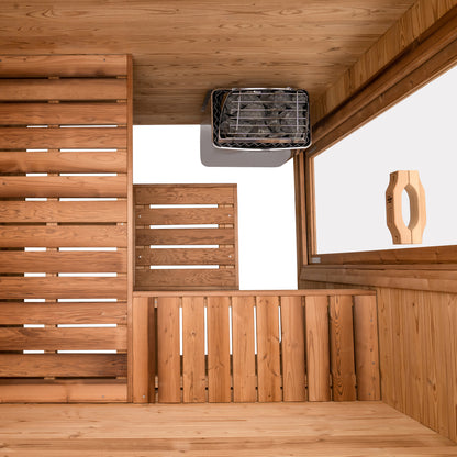 Redwood Outdoors Haven 3 person indoor sauna, made of hemlock wood interior view from above with benches and heater