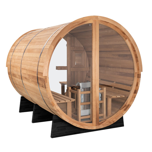 Redwood Outdoors Horizon 6 person sauna with a porch, made of hemlock wood with glass door and rear window, view from a rear side angle.