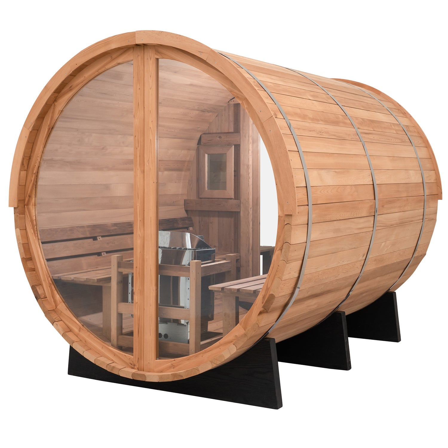 Redwood Outdoors Horizon 6 person sauna with a porch, made of hemlock wood with glass door and rear window, view from a rear side angle.