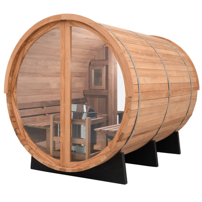 Redwood Outdoors Horizon 6 person sauna with a porch, made of hemlock wood with glass door and rear window, view from a rear side angle.