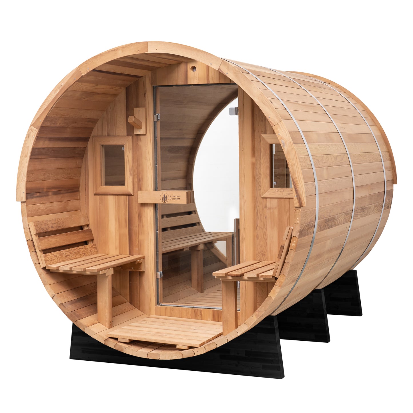 Redwood Outdoors Horizon 6 person sauna with a porch, made of hemlock wood with glass door and rear window, view from a rear view featuring a full glass window.