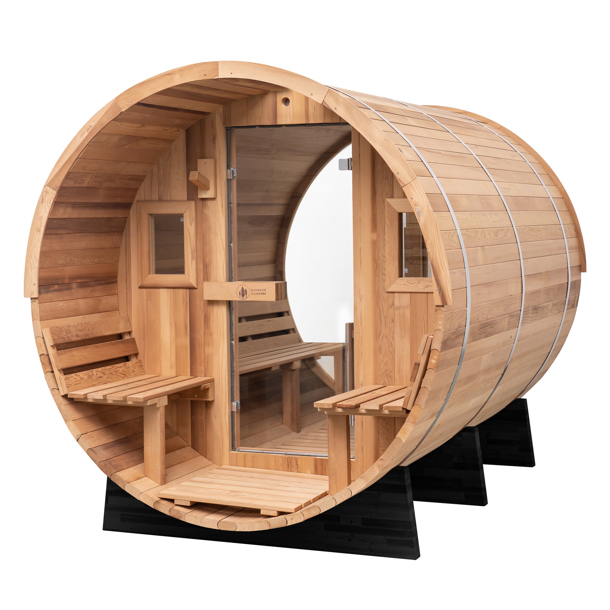 Redwood Outdoors Horizon 6 person sauna with a porch, made of hemlock wood with glass door and rear window, view from a rear view featuring a full glass window.