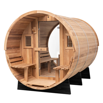 Redwood Outdoors Horizon 6 person sauna with a porch, made of hemlock wood with glass door and rear window, view from a rear view featuring a full glass window.