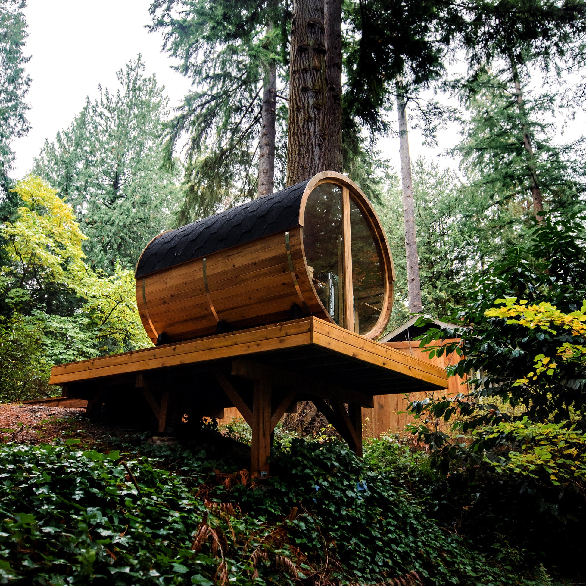 Redwood Outdoors Horizon 6 person outdoor sauna with porch rear view of the sauna on a deck overlooking an outdoor space in the daylight.  