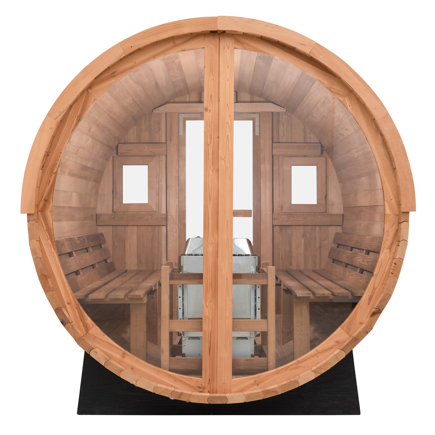 Redwood Outdoors Horizon 6 person sauna with a porch, made of hemlock wood with glass door and rear window, view from a rear side angle.