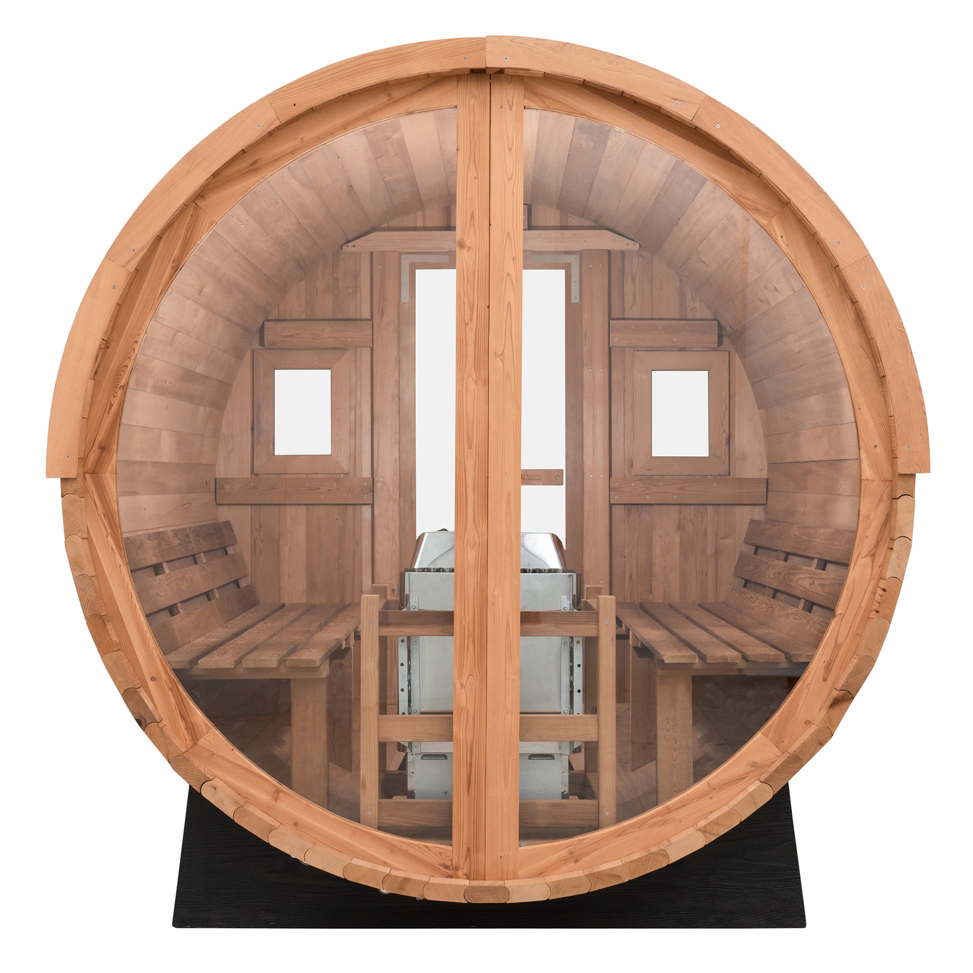 Redwood Outdoors Horizon 6 person sauna with a porch, made of hemlock wood with glass door and rear window, view from a rear side angle.