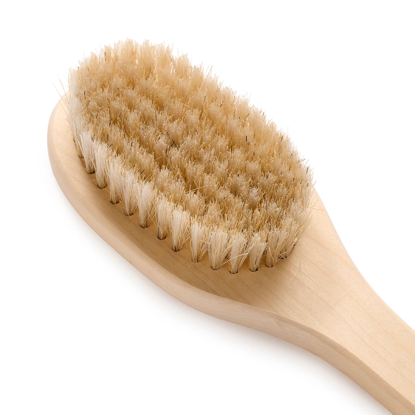 Long handle birch wood brush with long handle and natural bristles closeup view of bristles