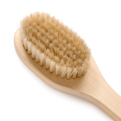 Long handle birch wood brush with long handle and natural bristles closeup view of bristles