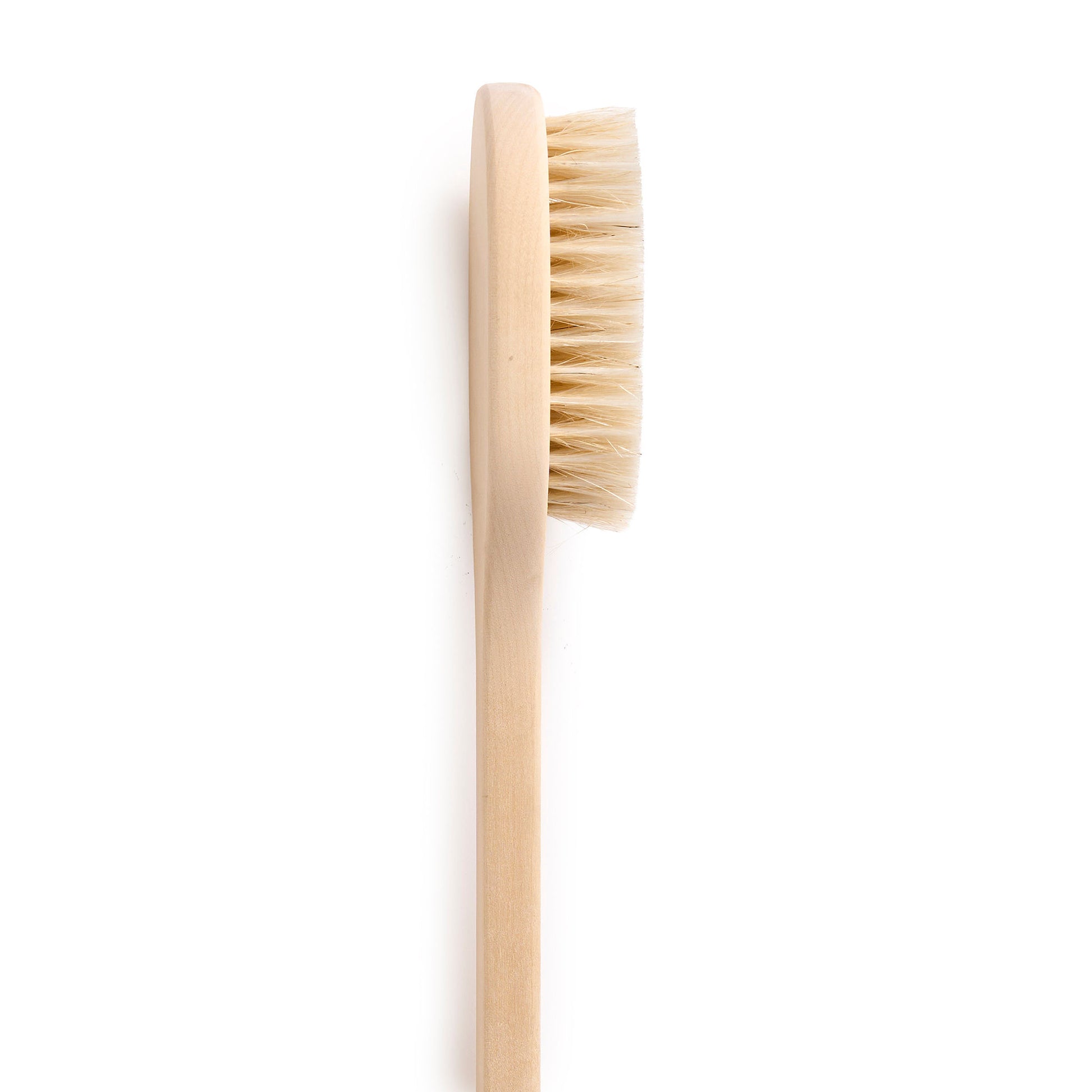 Long handle birch wood brush with long handle and natural bristles side view
