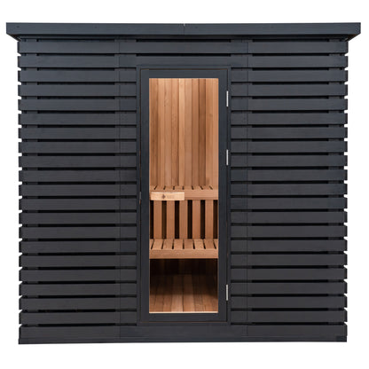 Redwood Outdoors Noctra 8 person sauna, made of hemlock wood stained black with a glass door view from the front of the sauna. 