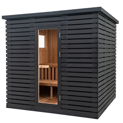 Redwood Outdoors Noctra 8 person sauna, made of hemlock wood stained black with a glass door view from the side of the sauna. 