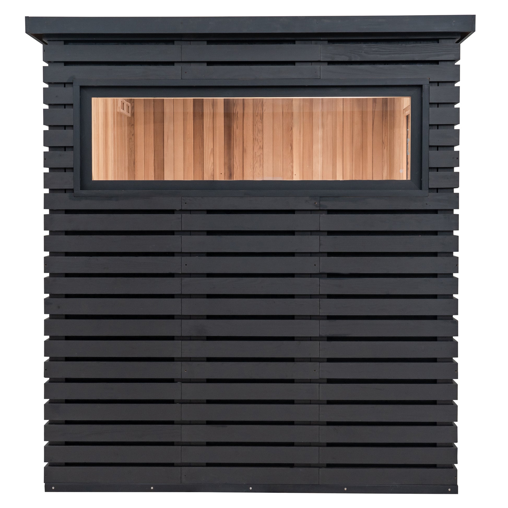 Redwood Outdoors Noctra 8 person sauna, made of hemlock wood stained black with a large glass window view from the front of the sauna. 