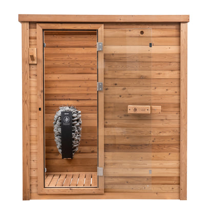 Redwood Outdoors Retreat 4 person indoor sauna, made of hemlock wood with a glass door exterior front view