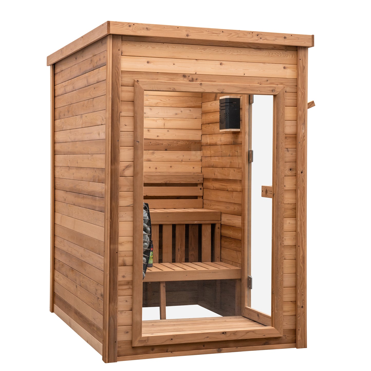 Redwood Outdoors Sanctuary 4 person indoor sauna, made of hemlock wood with a glass door and window exterior side view of large glass window