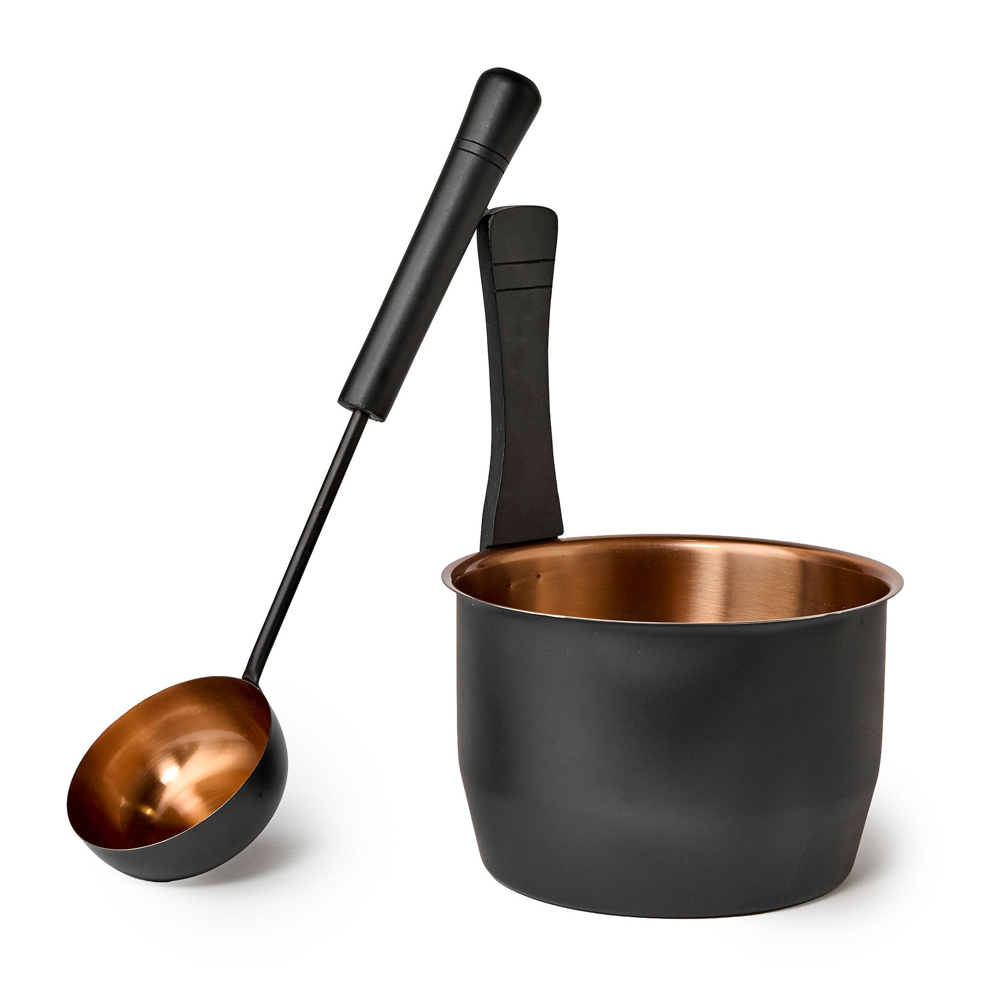 Black bucket and ladle with copper interior together.