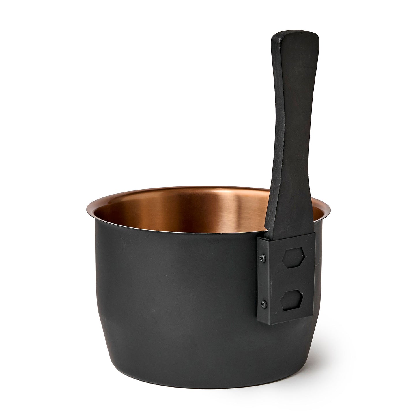 Black bucket with copper inside with a wooden handle back view