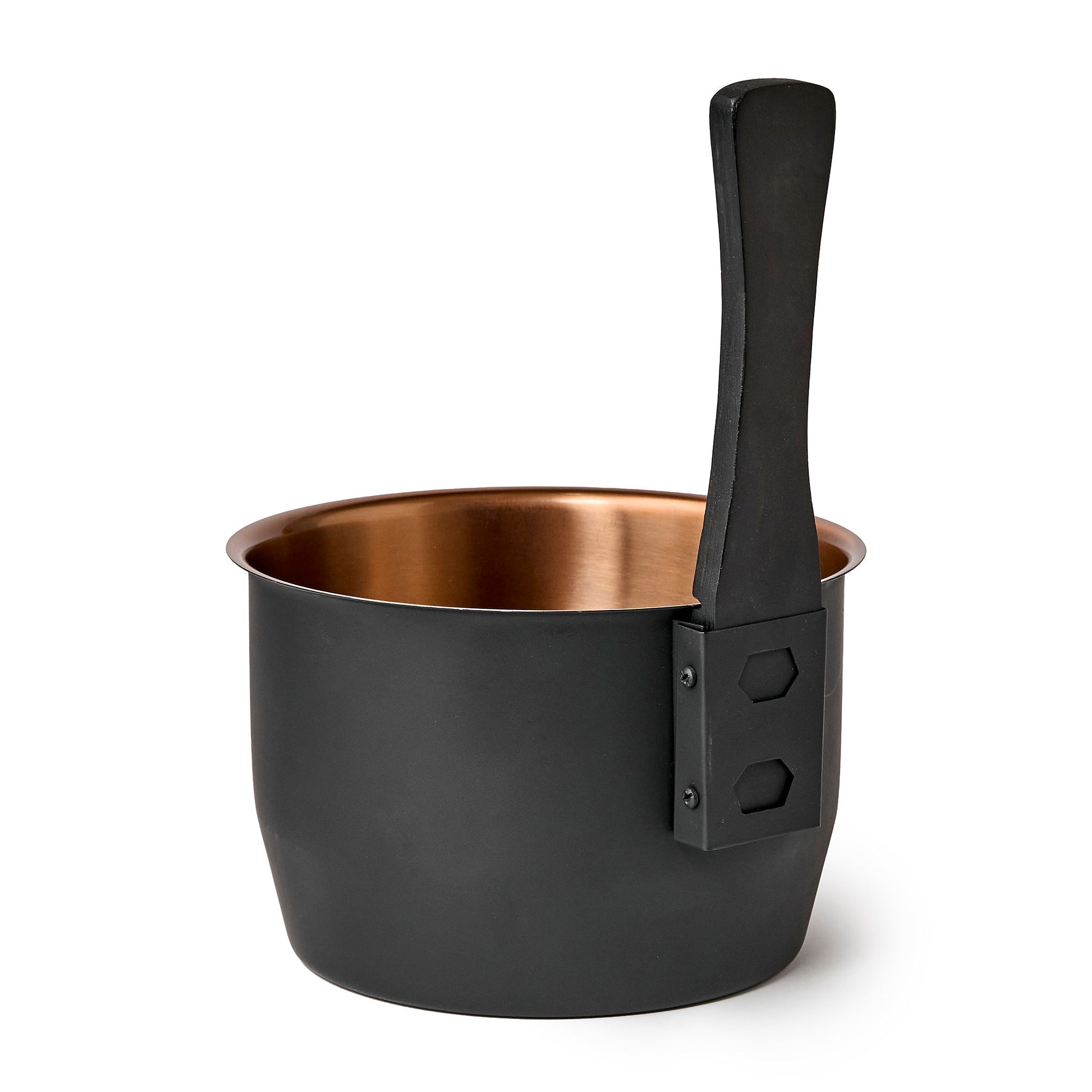 Black bucket with copper inside with a wooden handle back view