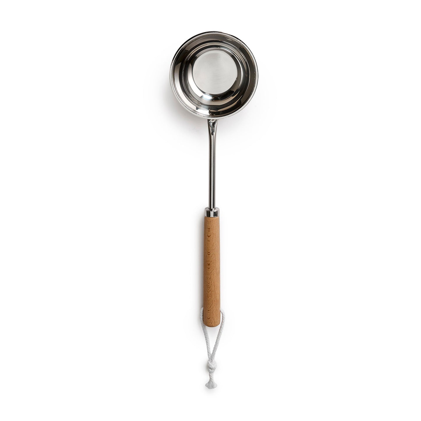Stainless steel ladle with wooden handle full view