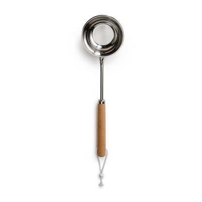 Stainless steel ladle with wooden handle full view