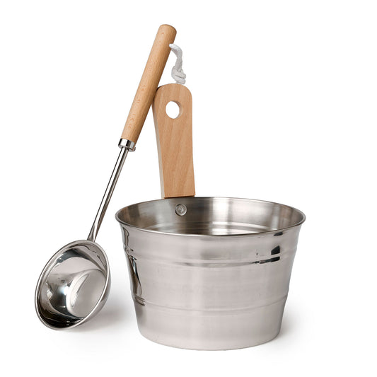 Stainless steel bucket and ladle with wooden handle together.