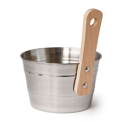 Stainless steel bucket with wooden handle back view.