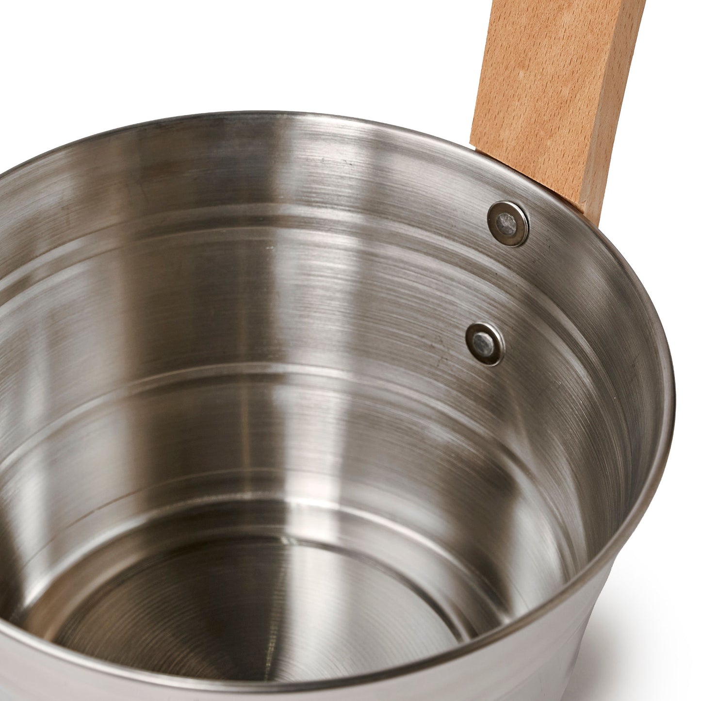 Stainless steel bucket with wooden handle close up