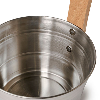 Stainless steel bucket with wooden handle close up