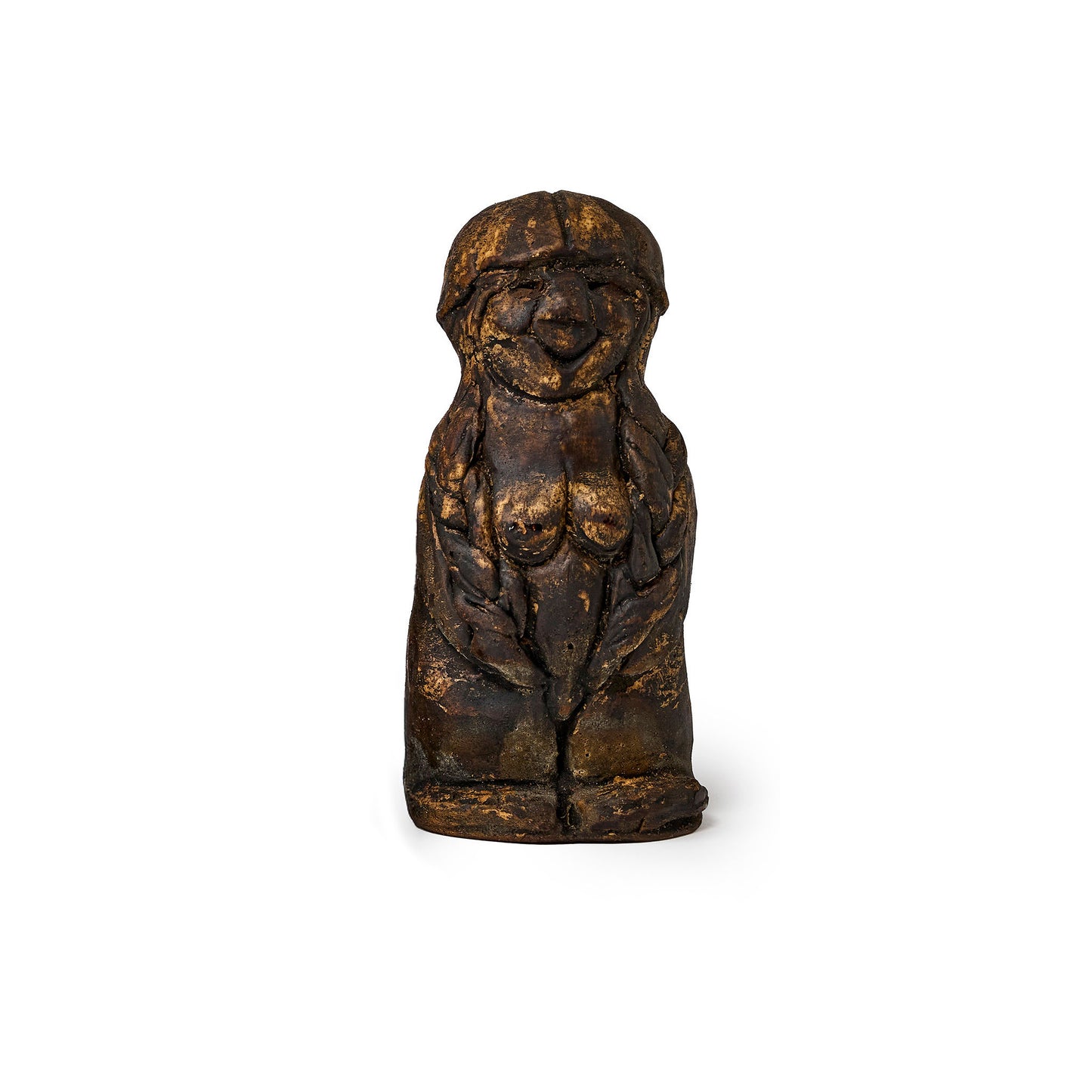 Small figure of an elf covered in pine tar front view