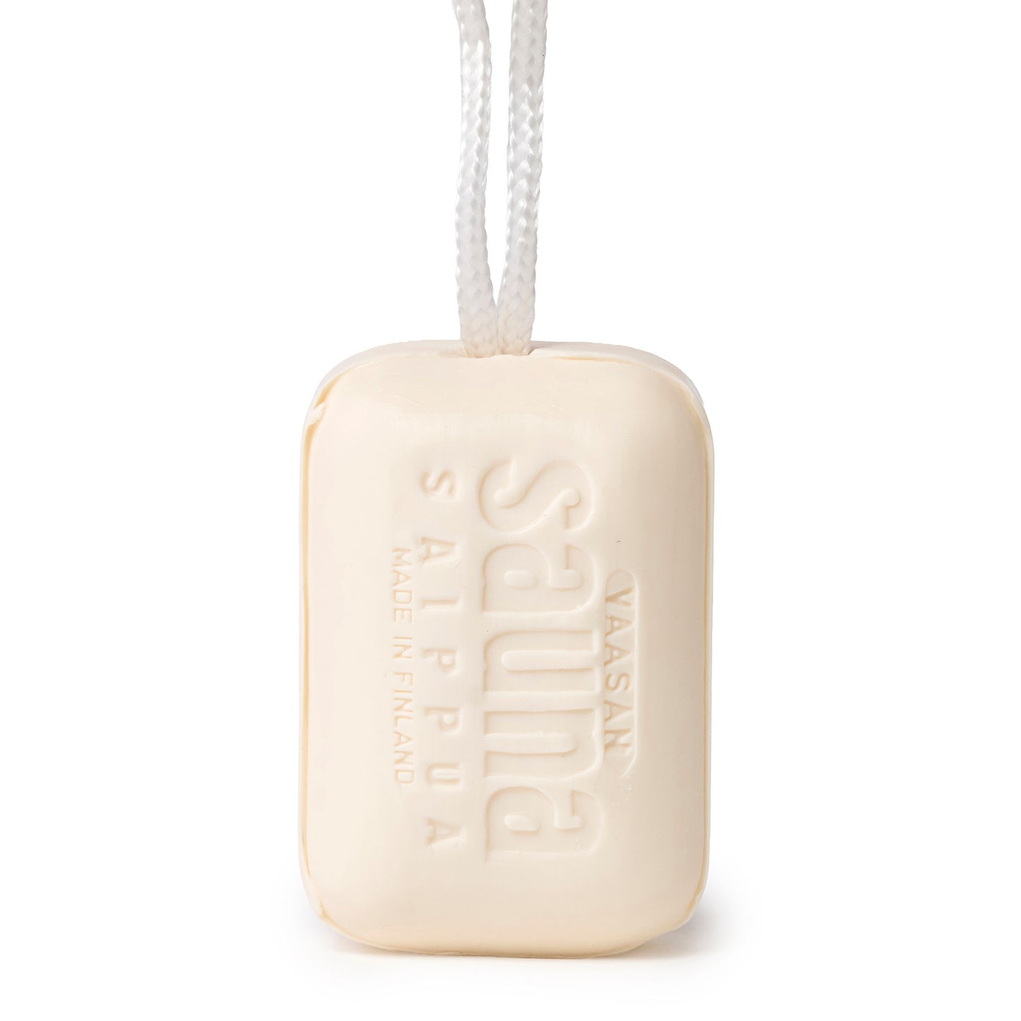 Sauna soap lilac, white bar of soap with rope.