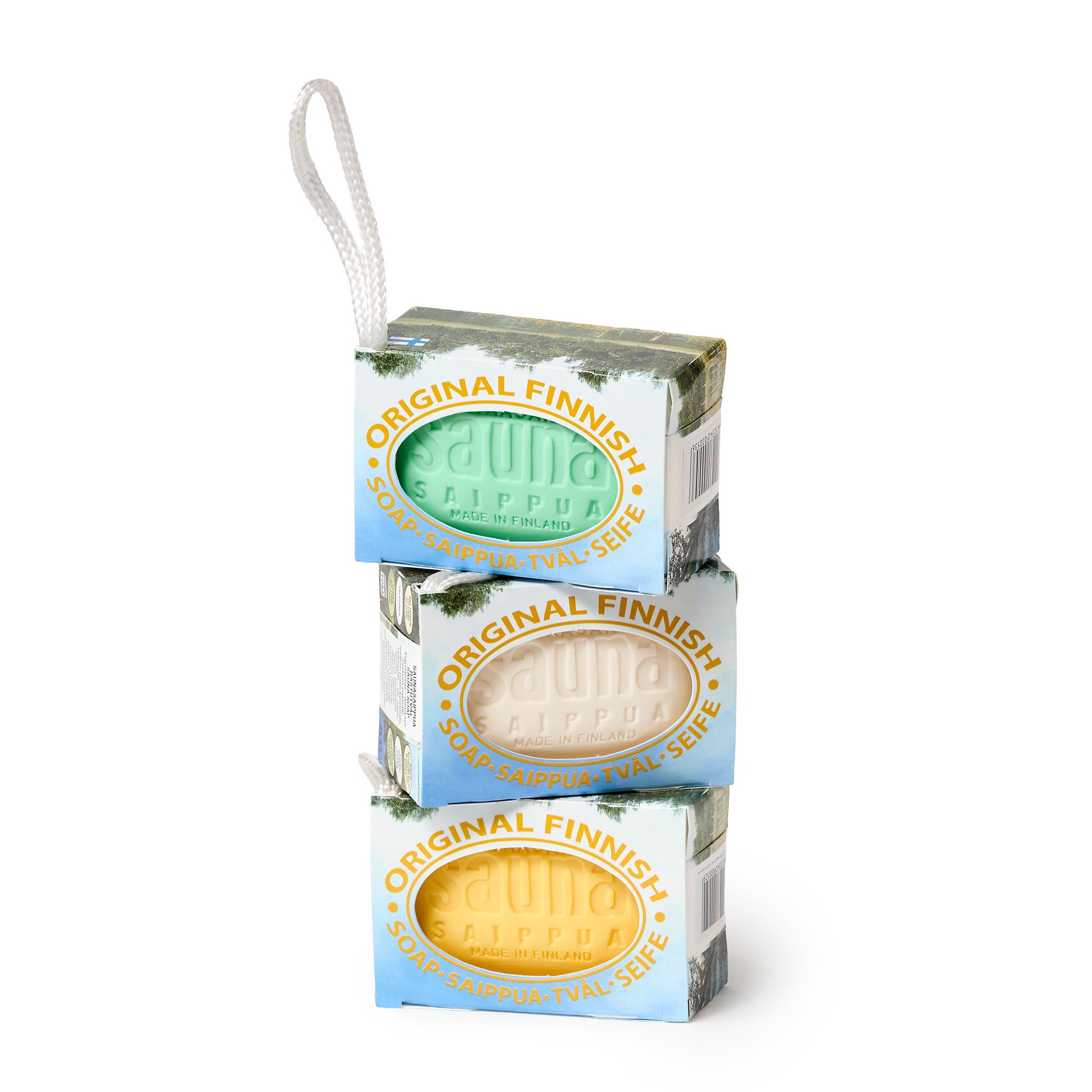 Sauna soap set of three, boxed, one green pine, one white lilac and one yellow birch