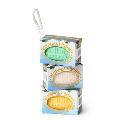 Sauna soap set of three, boxed, one green pine, one white lilac and one yellow birch