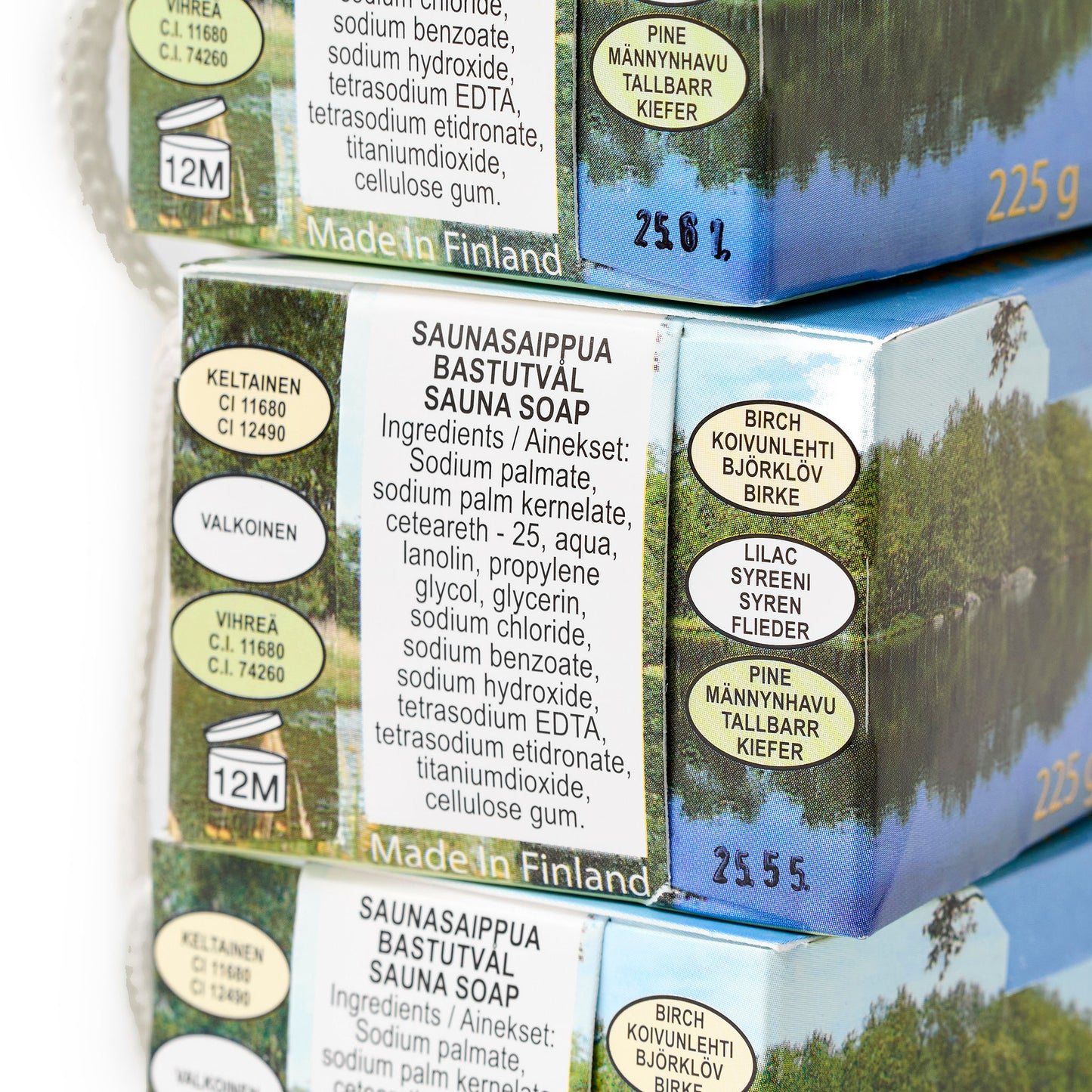 Sauna soap set of three, boxed, back of box view with ingredients.