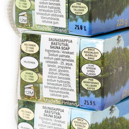 Sauna soap set of three, boxed, back of box view with ingredients.