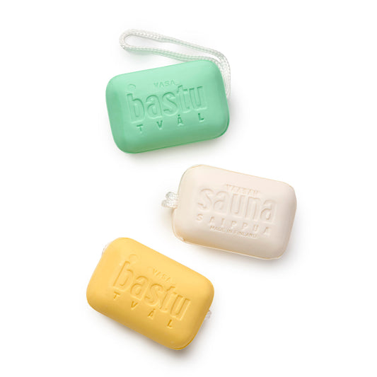 Sauna soap set of three, unboxed, one green pine, one white lilac and one yellow birch.