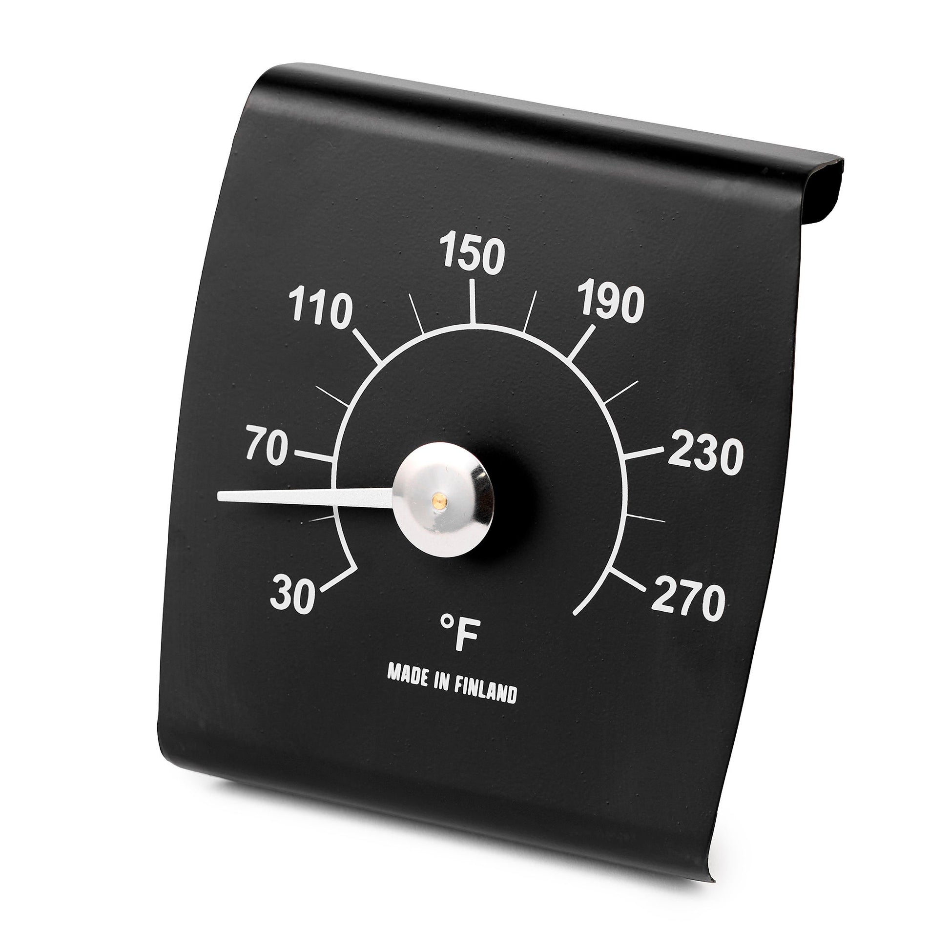 Black thermometer with temperature markings angled view.