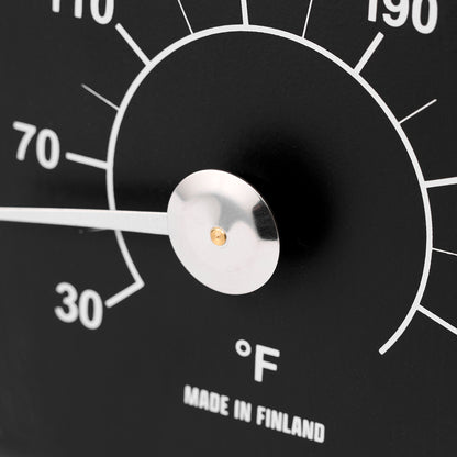 Black thermometer with temperature markings close up view