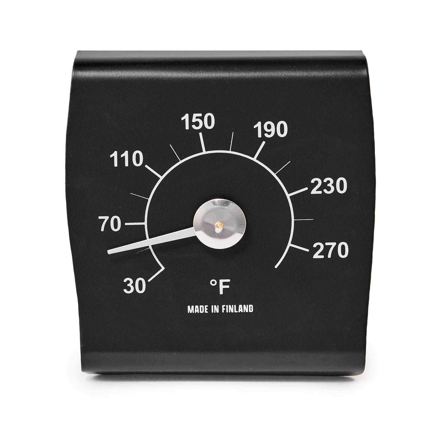 Black thermometer with temperature markings front view.
