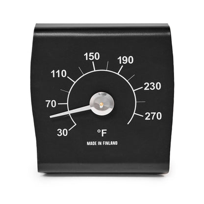 Black thermometer with temperature markings front view.