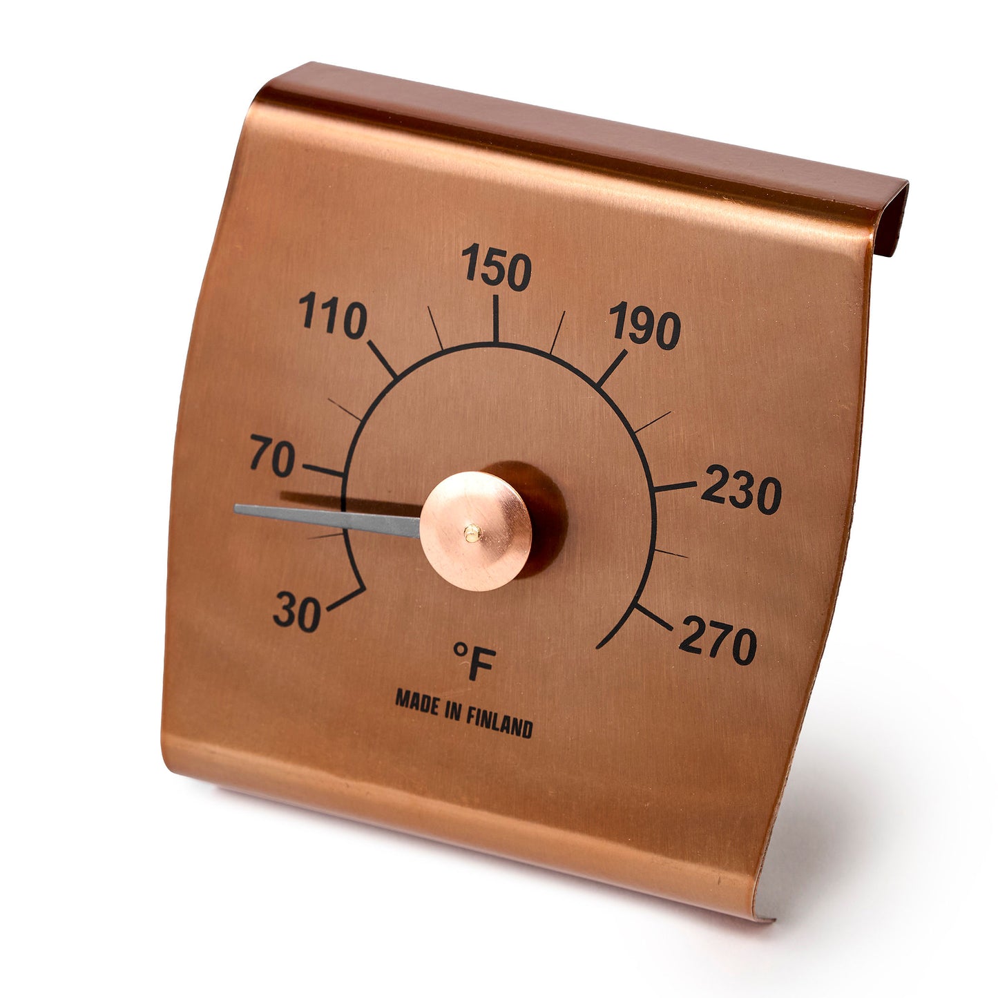 Copper thermometer with temperature markings angled view