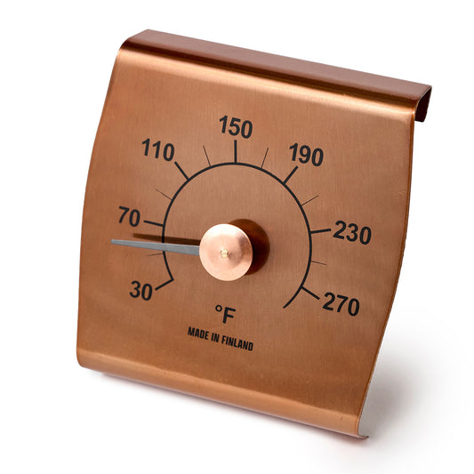 Copper thermometer with temperature markings angled view